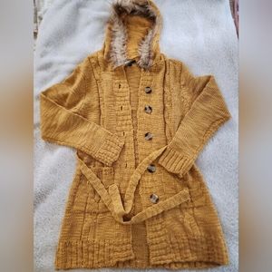 Size Large Bold Yellow Faux Fur Trim Hooded Cardigan Sweater